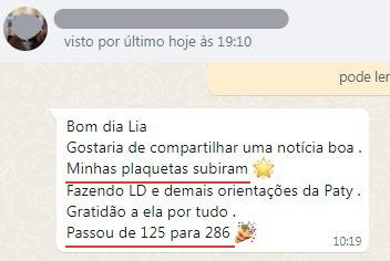 Print do depoimento de uma aluna do Detox sobre as plaquetas